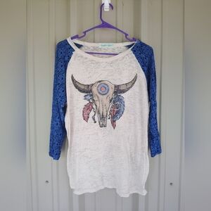 Women's Bull Skull Ivory Burnout T Shirt Blue Crochet Sleeves Size Medium Boho